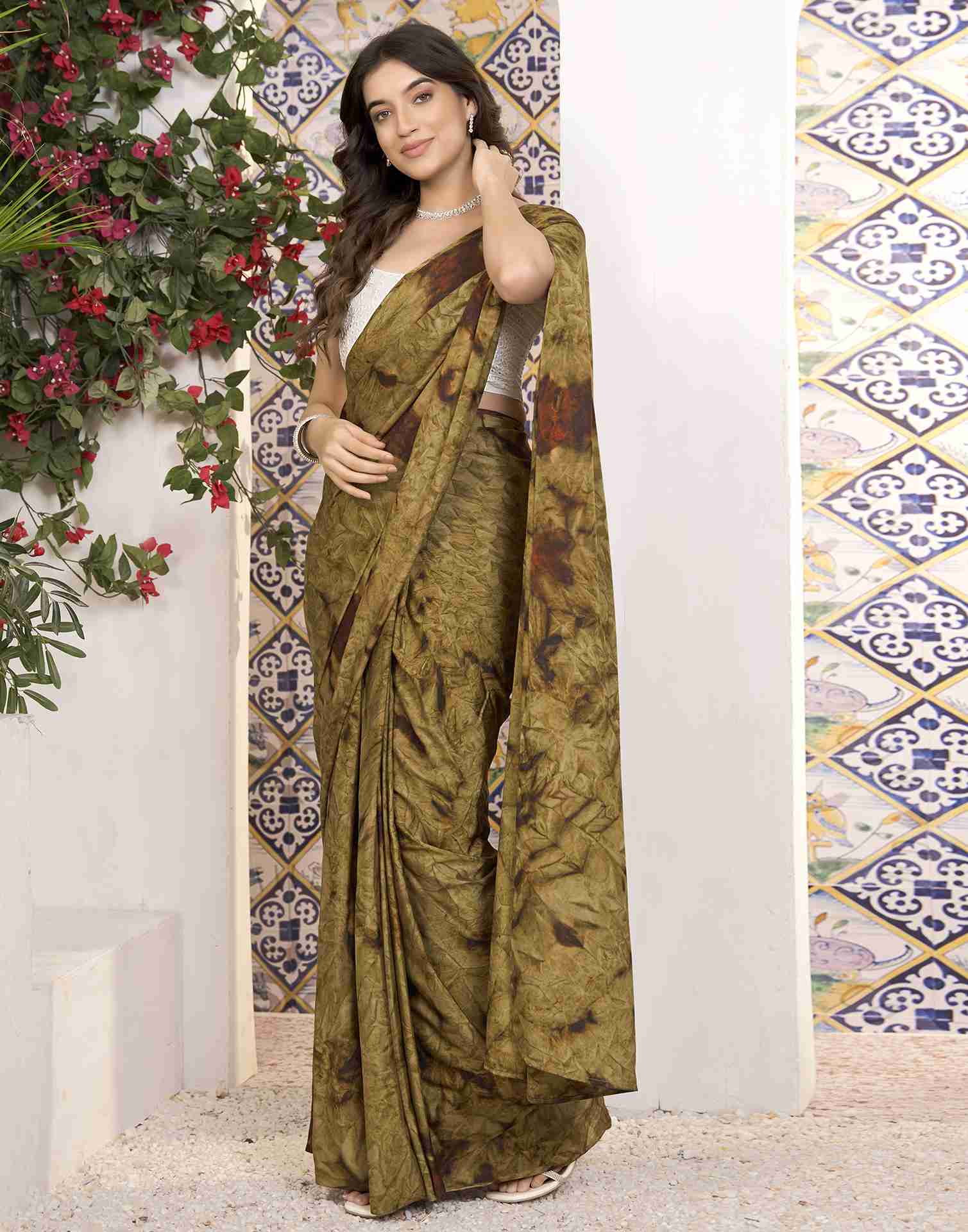 Ready To Wear Peanut Brown Georgette Printed Saree