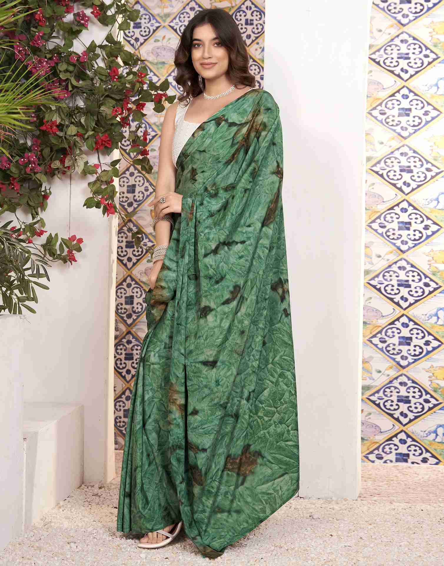 Ready To Wear Green Georgette Printed Saree