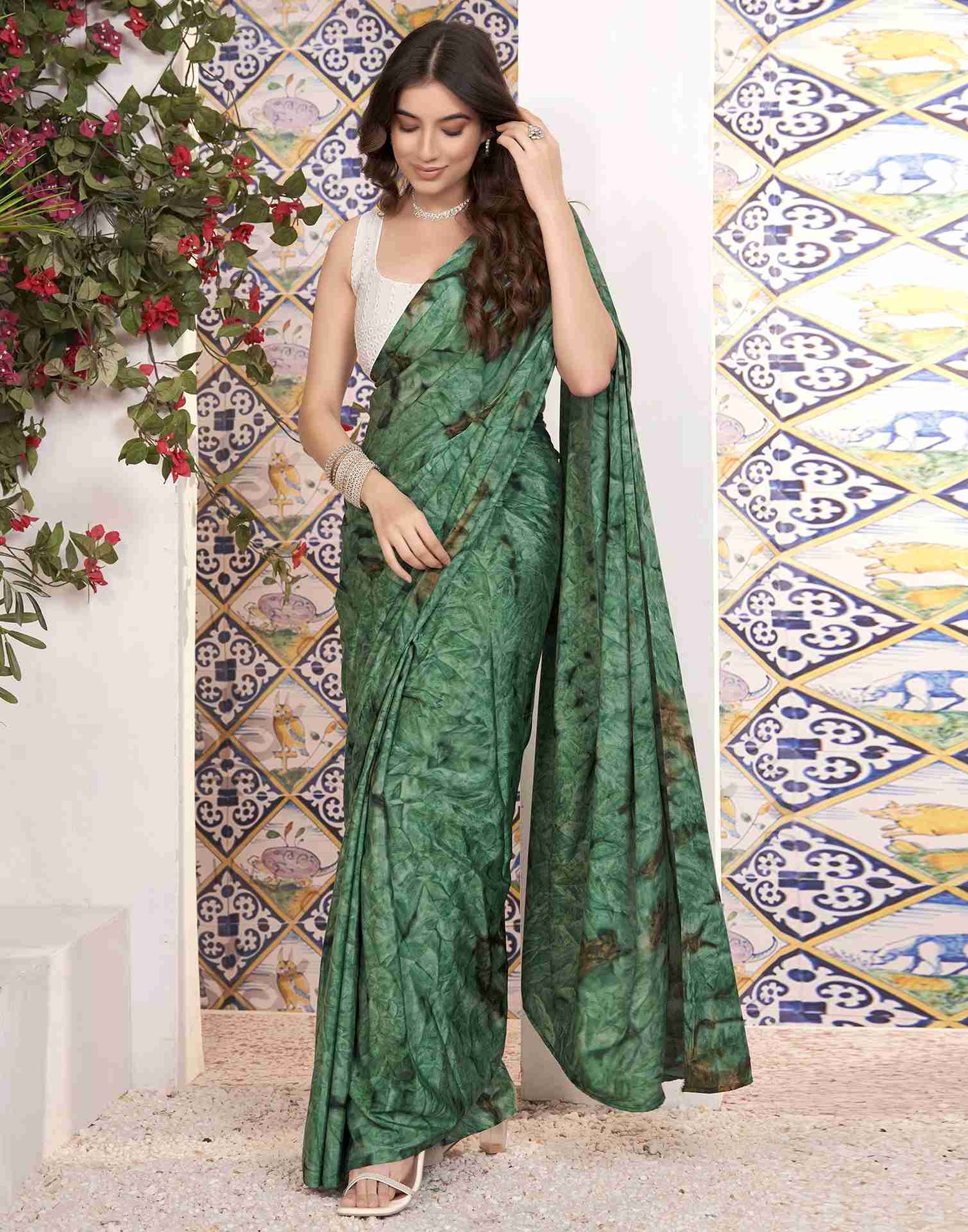 Ready To Wear Green Georgette Printed Saree