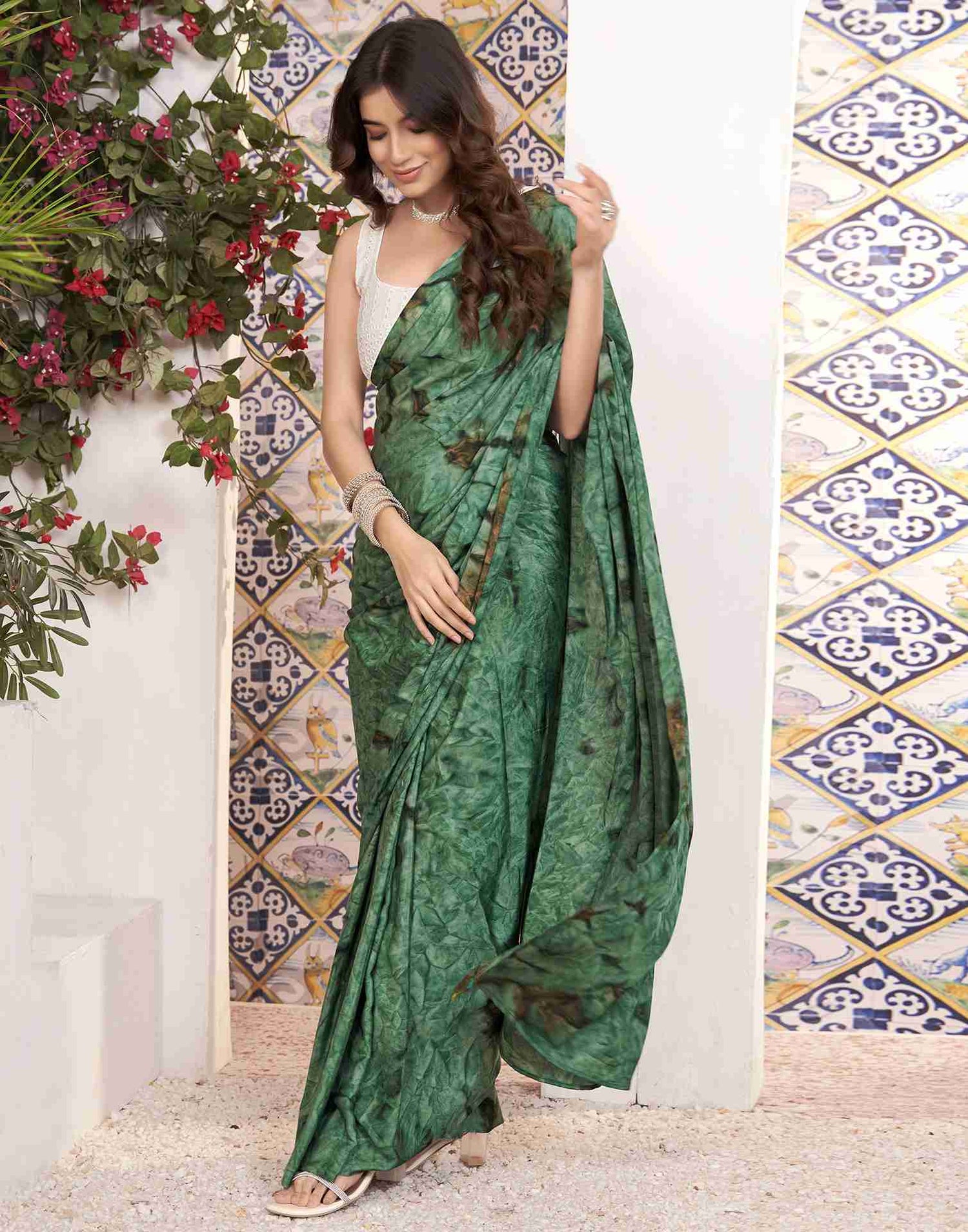 Ready To Wear Green Georgette Printed Saree