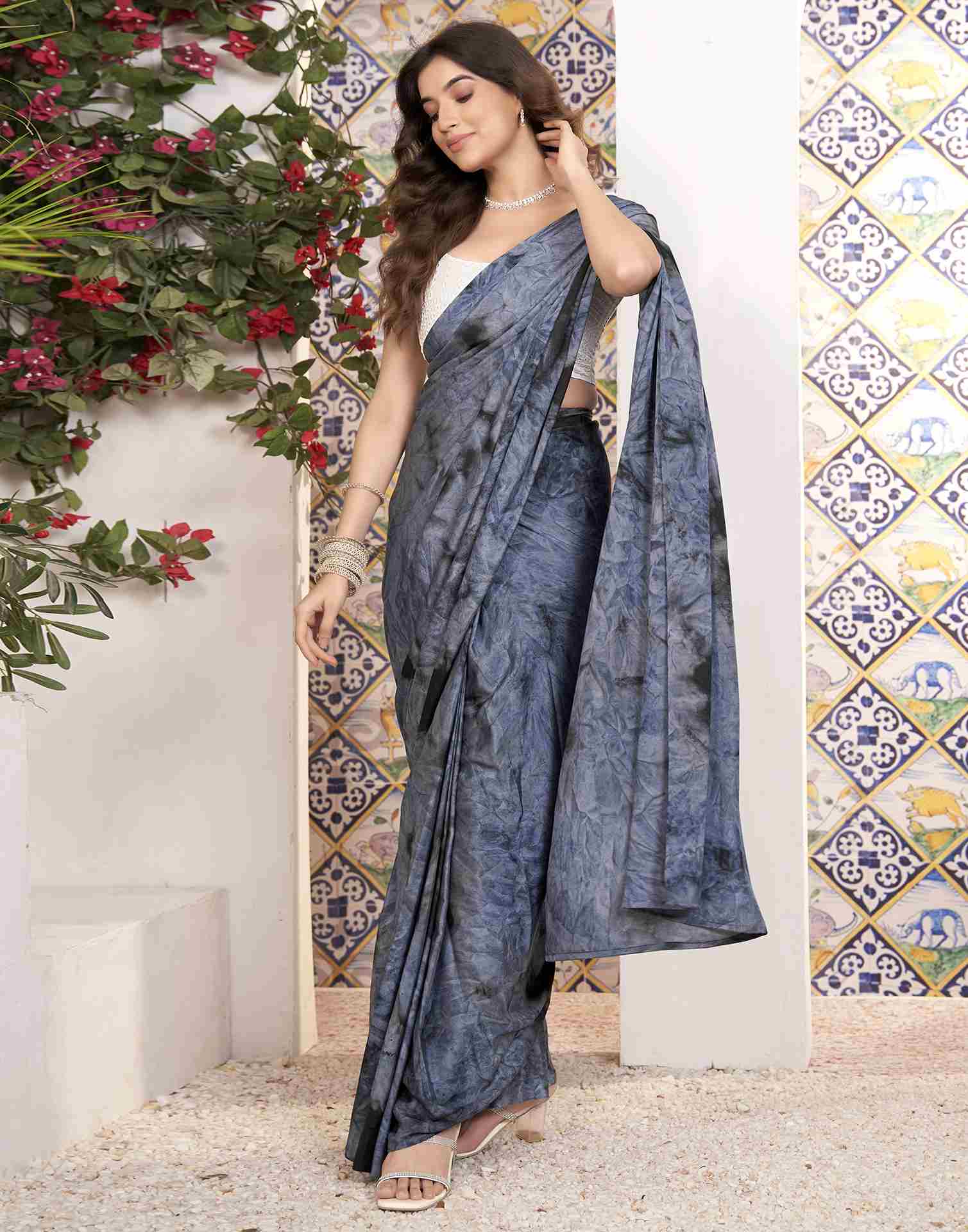 Ready To Wear Grey Georgette Printed Saree