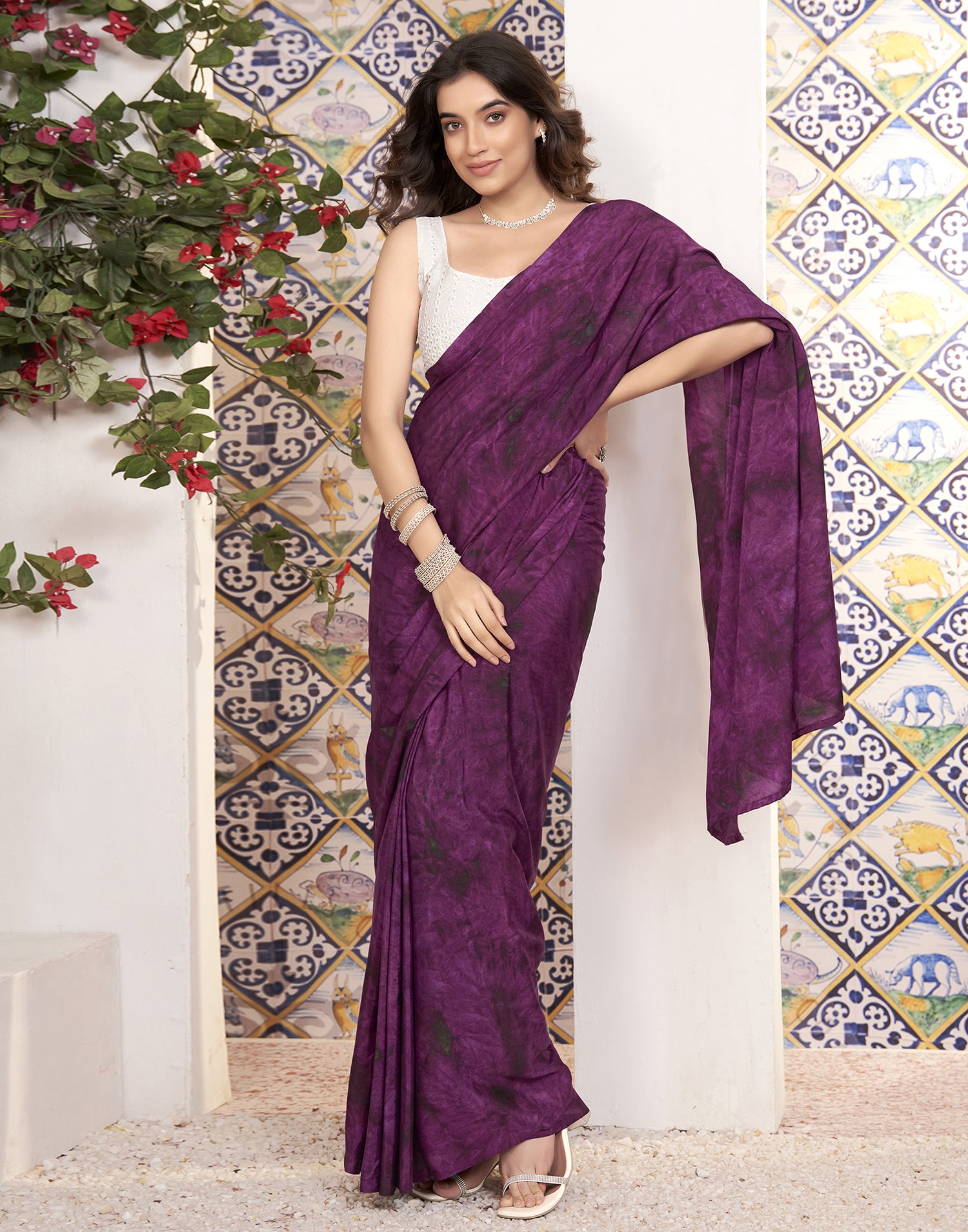 Ready To Wear Deep Violet Georgette Printed Saree