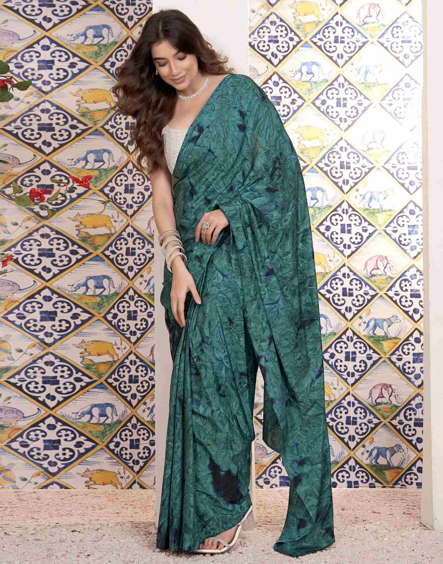 Ready To Wear Rama Green Georgette Printed Saree