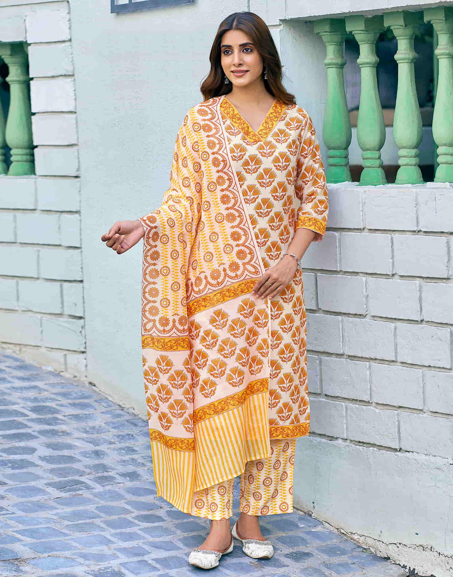 Cream Printed Rayon Straight Kurta With Pant And Dupatta