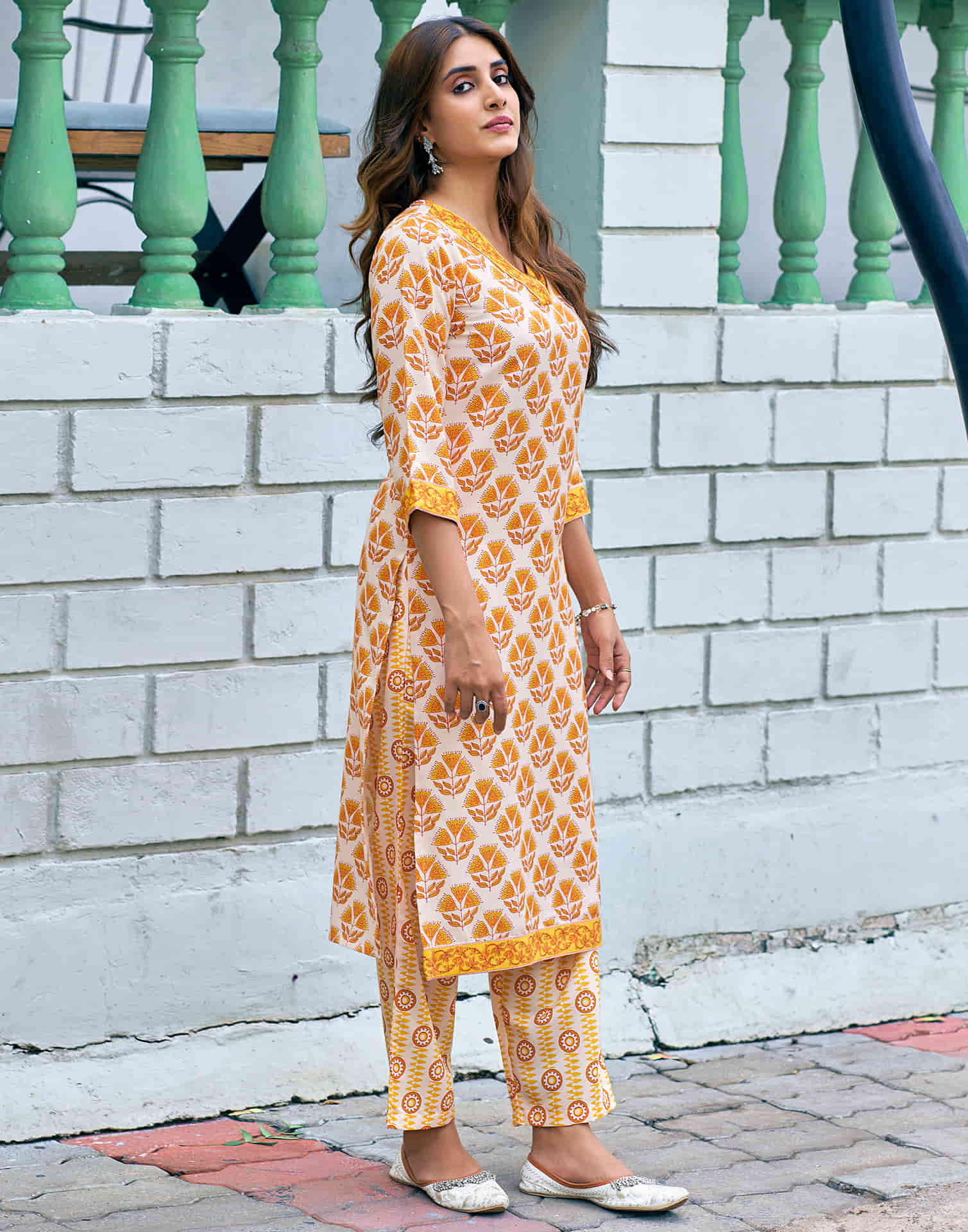 Cream Printed Rayon Straight Kurta With Pant And Dupatta