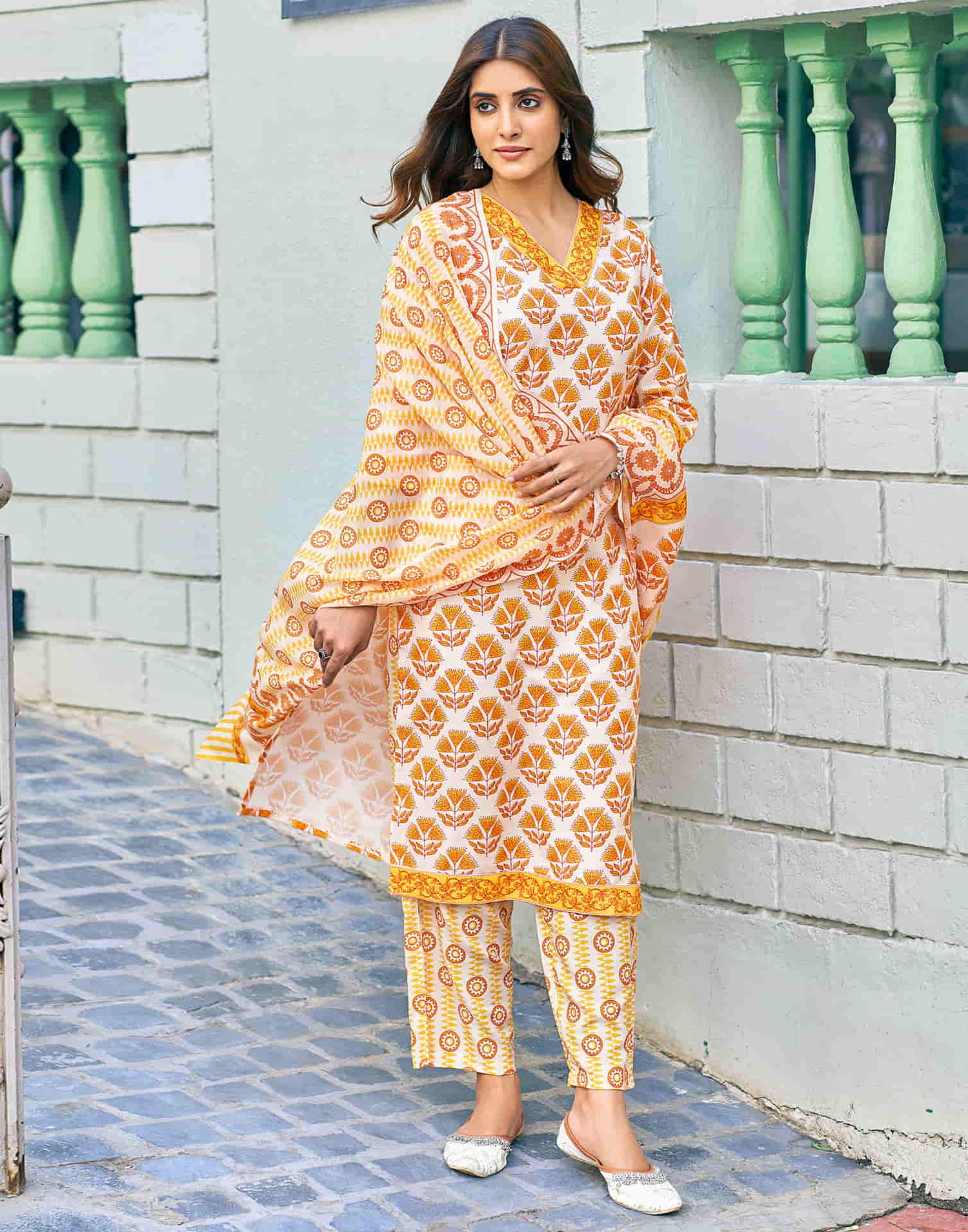 Cream Printed Rayon Straight Kurta With Pant And Dupatta