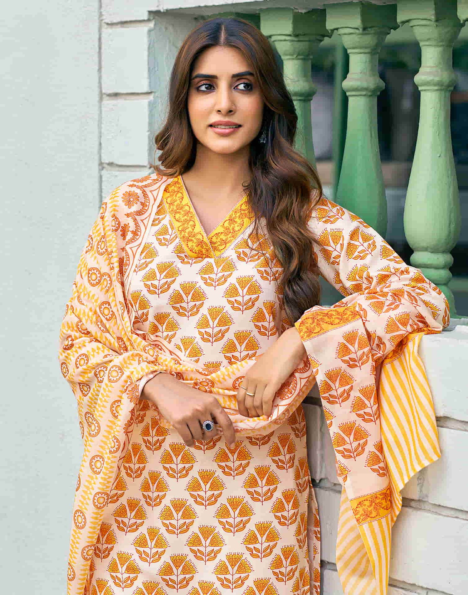 Cream Printed Rayon Straight Kurta With Pant And Dupatta