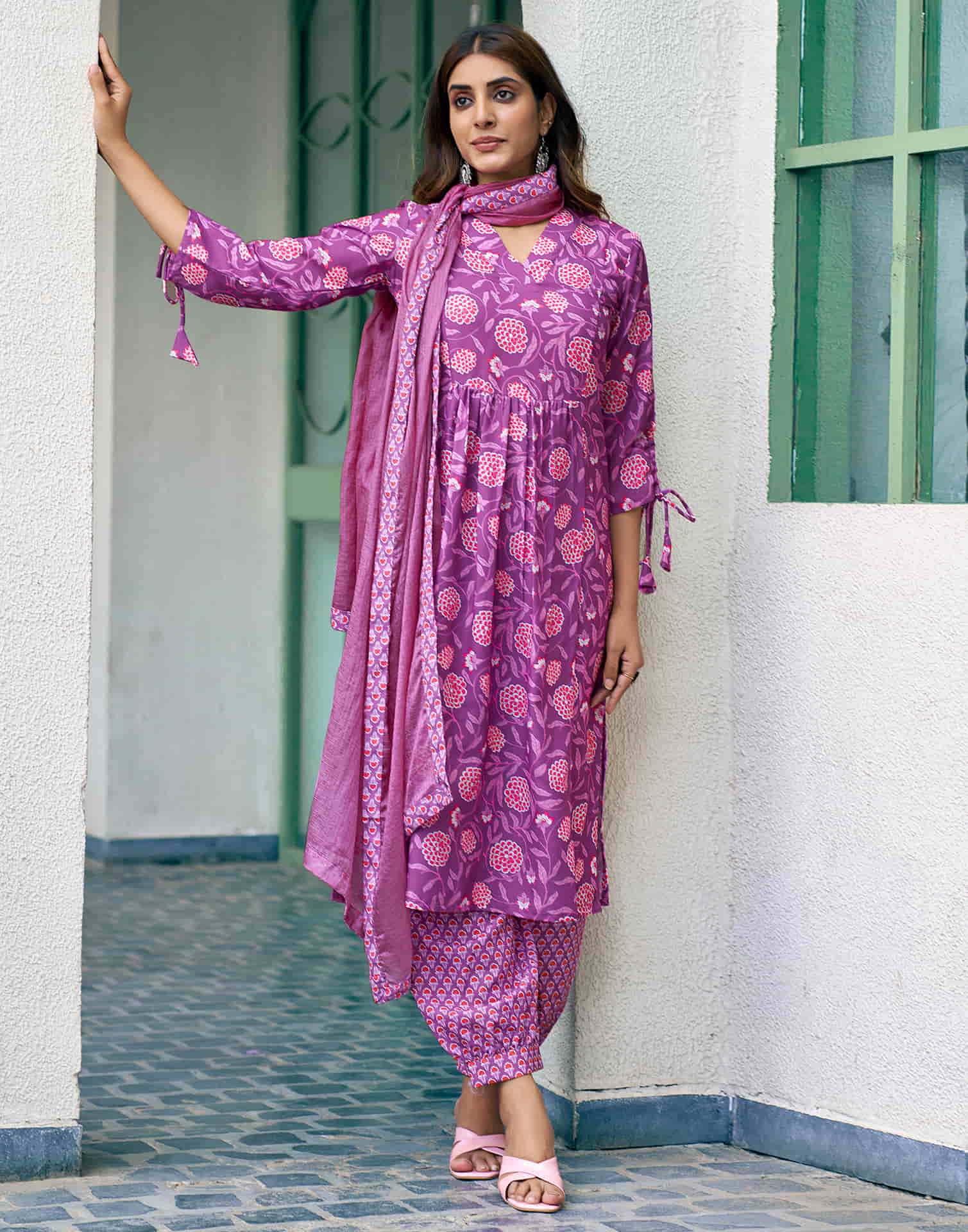 Purple Printed Rayon A-Line Kurta With Pant And Dupatta