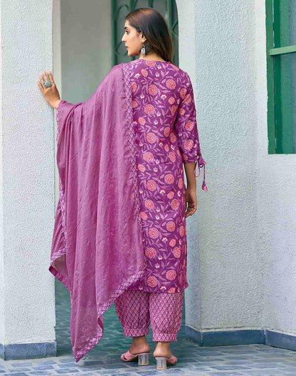 Purple Printed Rayon A-Line Kurta With Pant And Dupatta