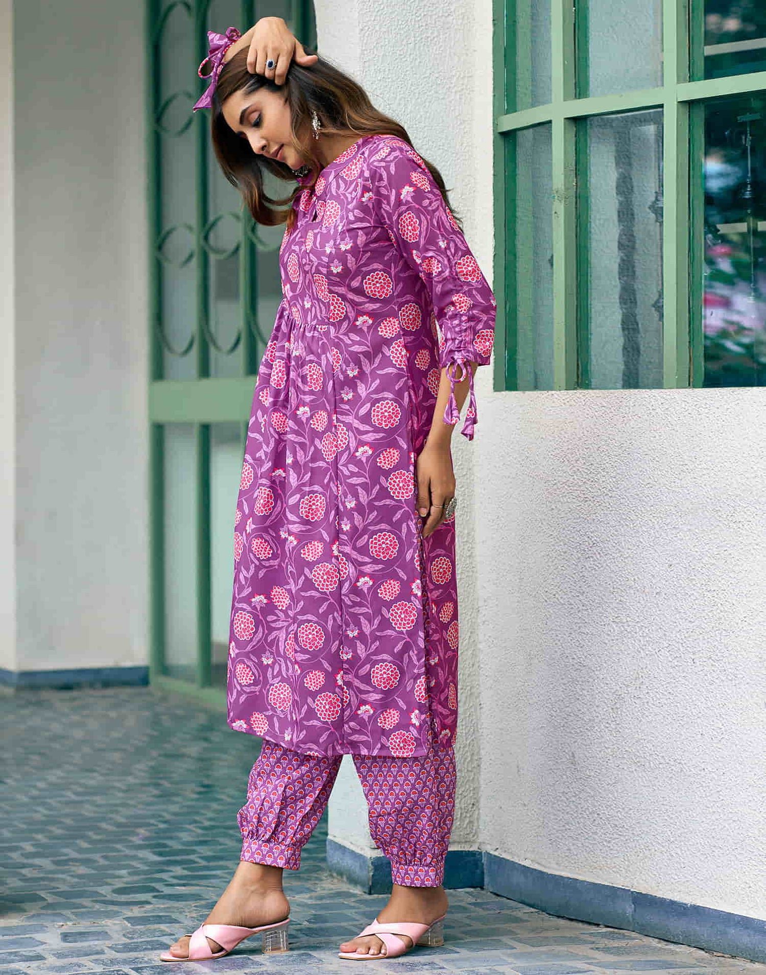 Purple Printed Rayon A-Line Kurta With Pant And Dupatta