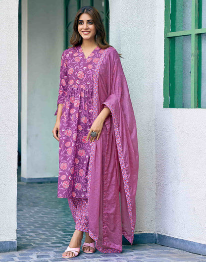 Purple Printed Rayon A-Line Kurta With Pant And Dupatta