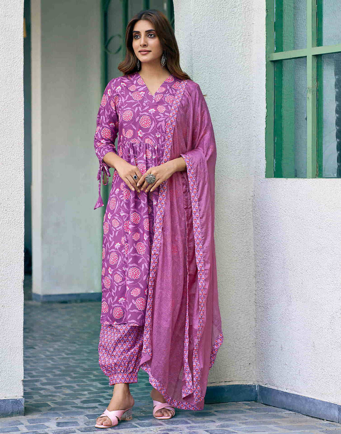 Purple Printed Rayon A-Line Kurta With Pant And Dupatta