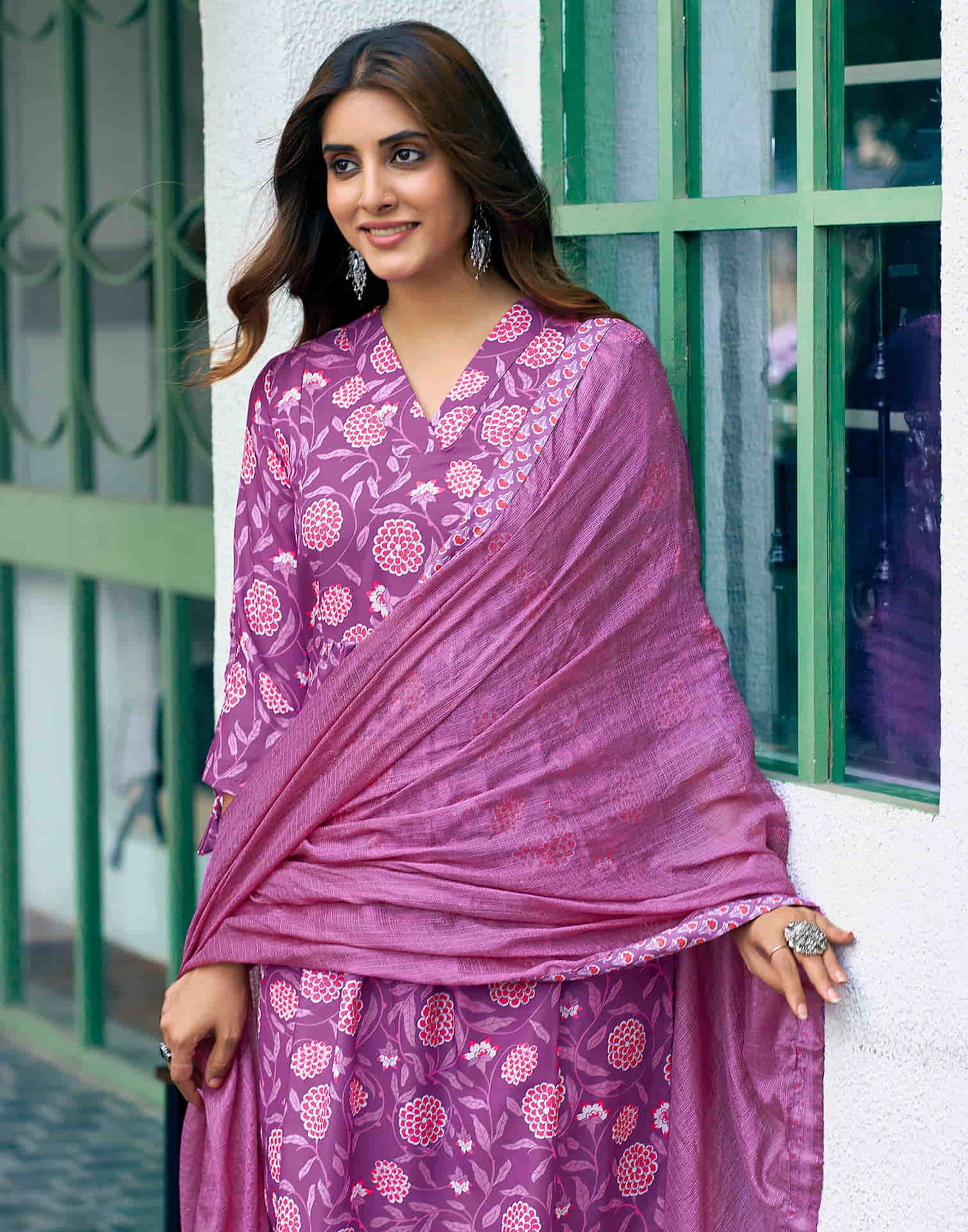 Purple Printed Rayon A-Line Kurta With Pant And Dupatta