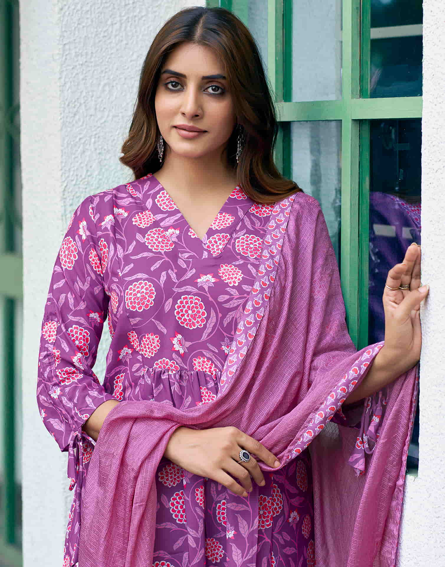 Purple Printed Rayon A-Line Kurta With Pant And Dupatta