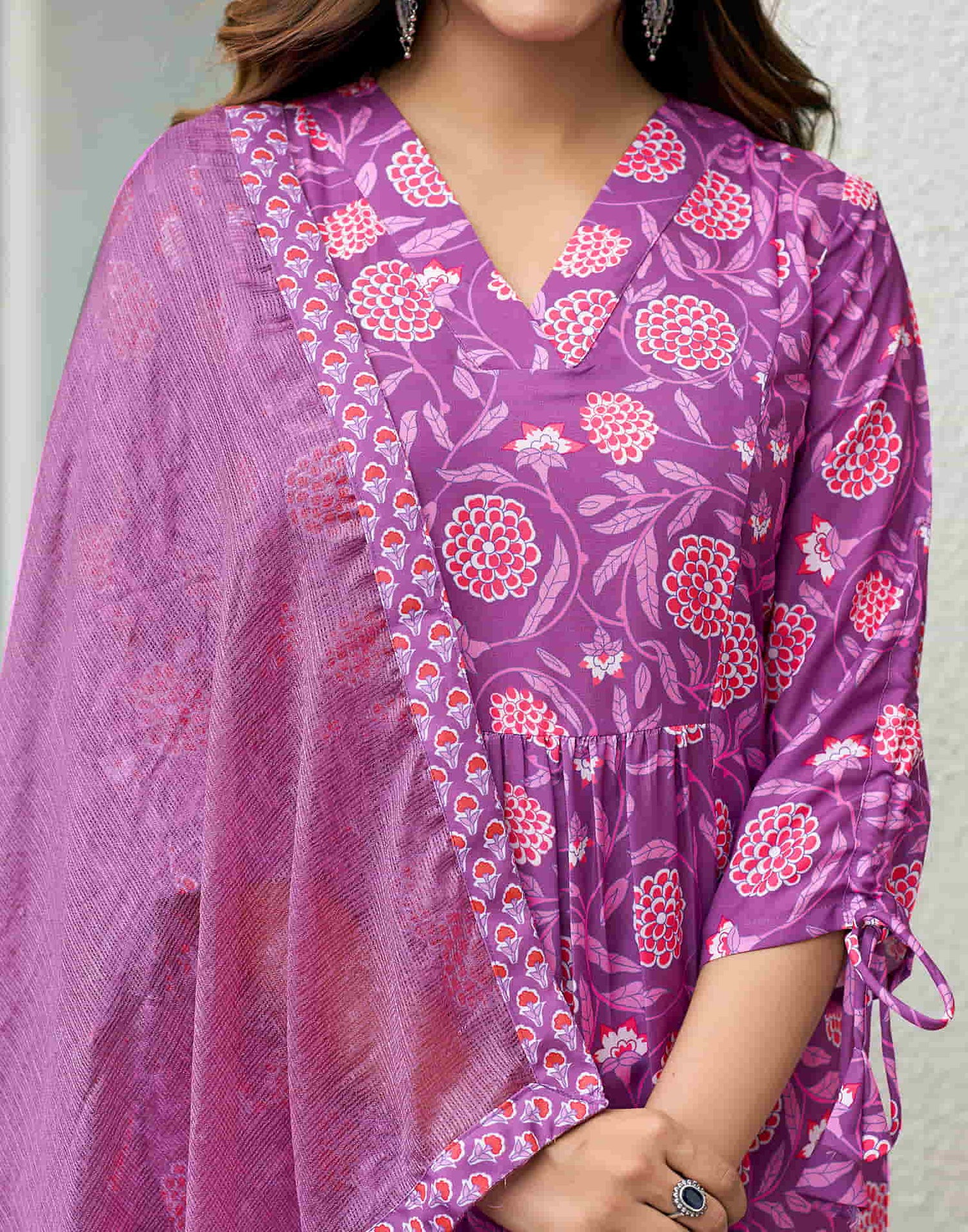 Purple Printed Rayon A-Line Kurta With Pant And Dupatta