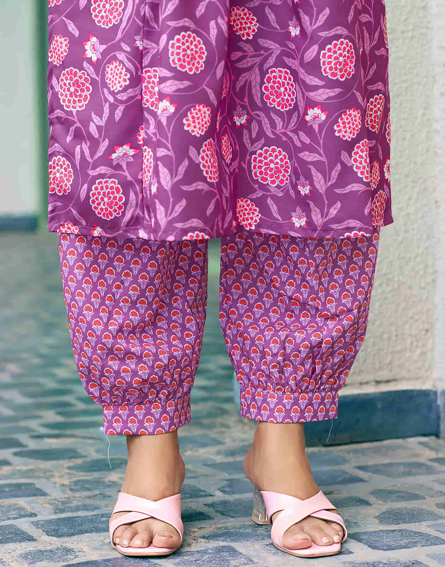 Purple Printed Rayon A-Line Kurta With Pant And Dupatta