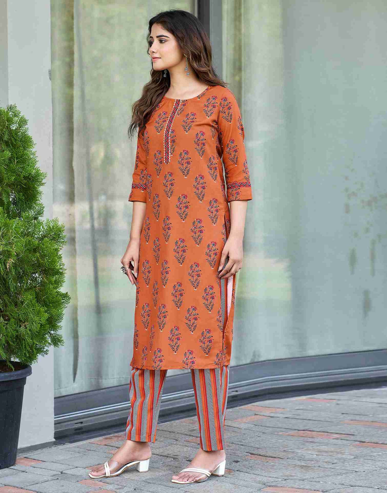 Brunt Orange Rayon Printed Straight Kurta Set With Dupatta