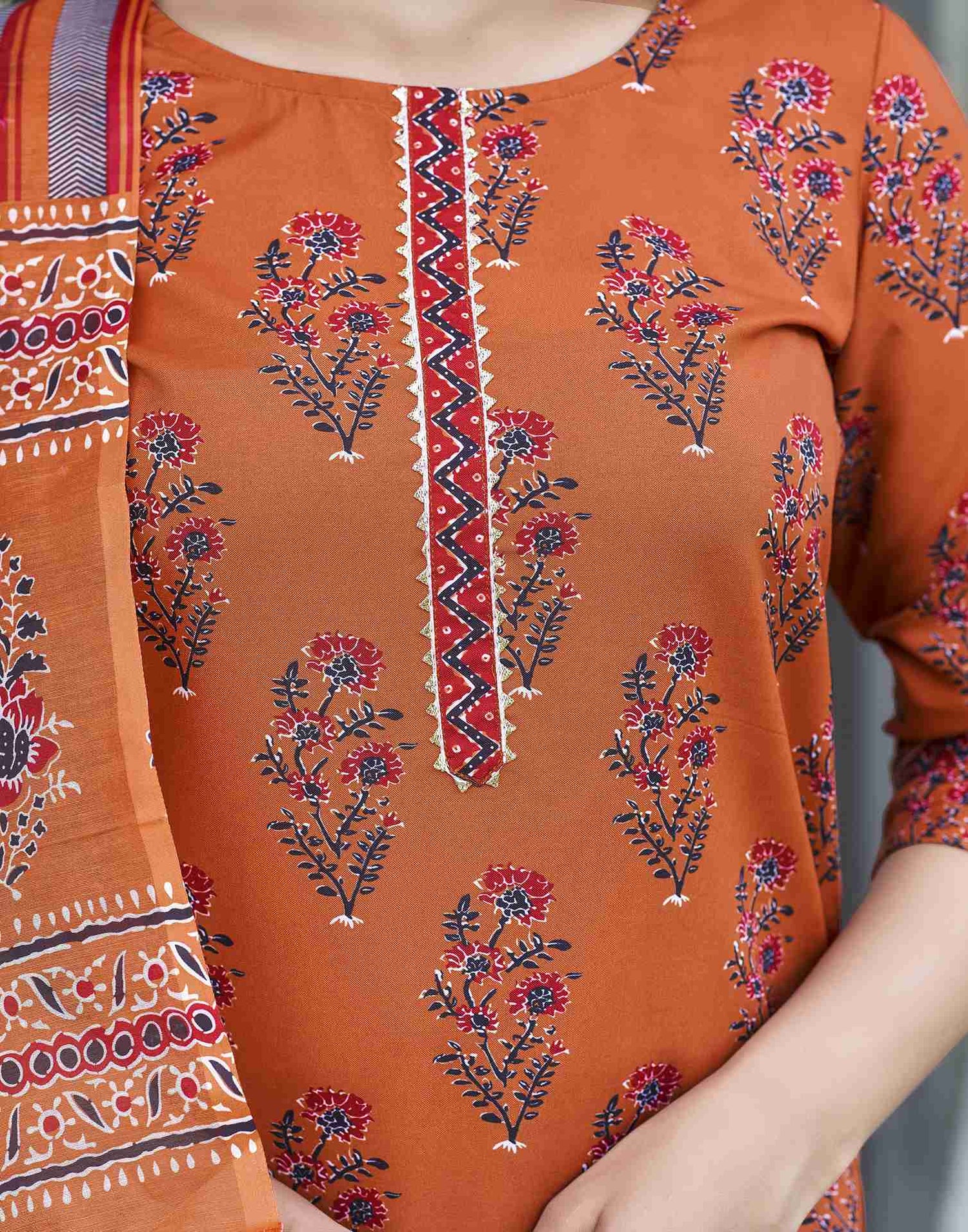 Brunt Orange Rayon Printed Straight Kurta Set With Dupatta