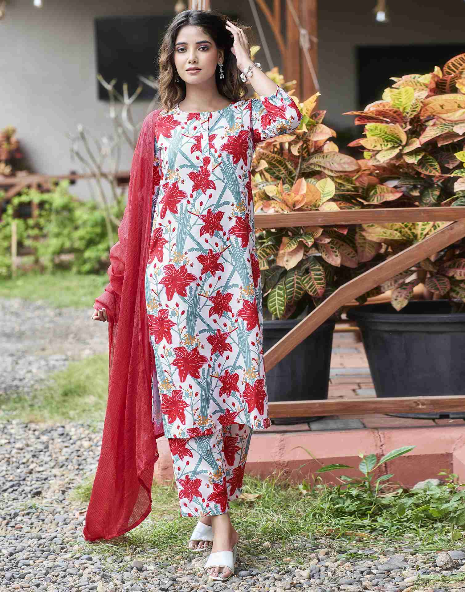 White Printed Rayon Straight Kurta Set With Dupatta