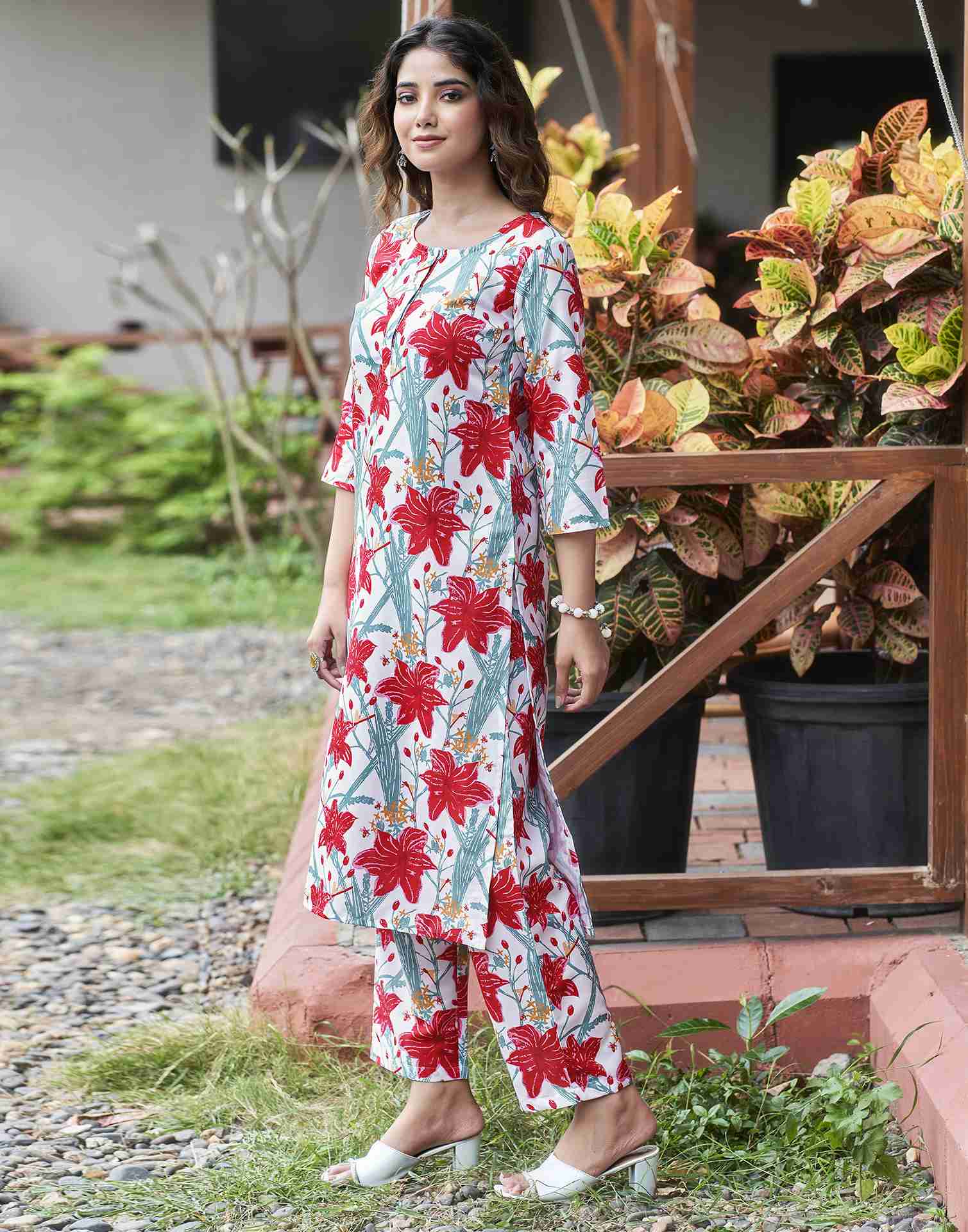 White Printed Rayon Straight Kurta Set With Dupatta