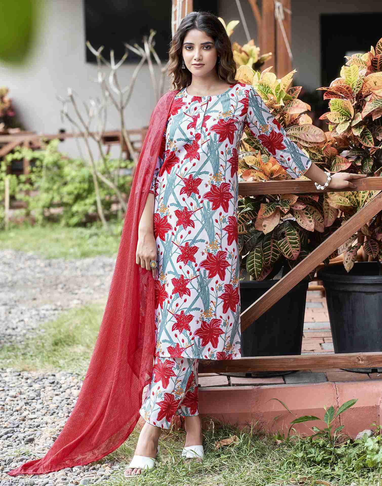 White Printed Rayon Straight Kurta Set With Dupatta