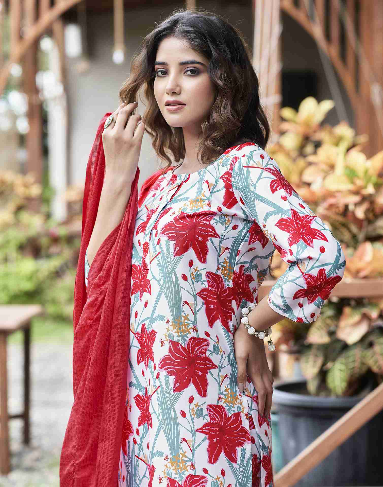 White Printed Rayon Straight Kurta Set With Dupatta