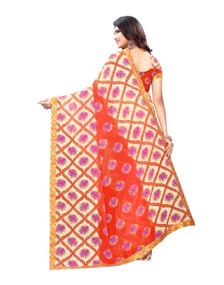 Orange Coloured Georgette Printed Laced Casual saree | Sudathi