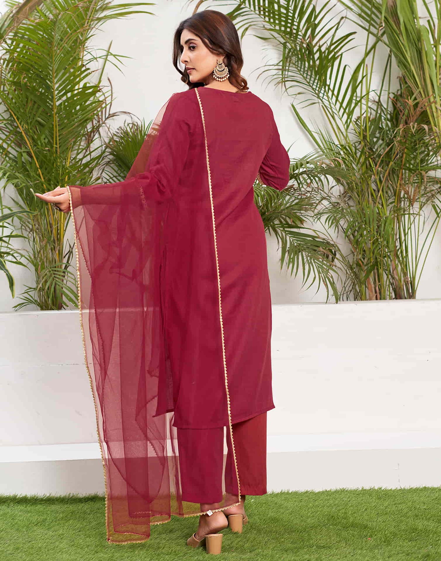 Cherry Red Sequence Cotton Straight Kurta With Pant And Dupatta