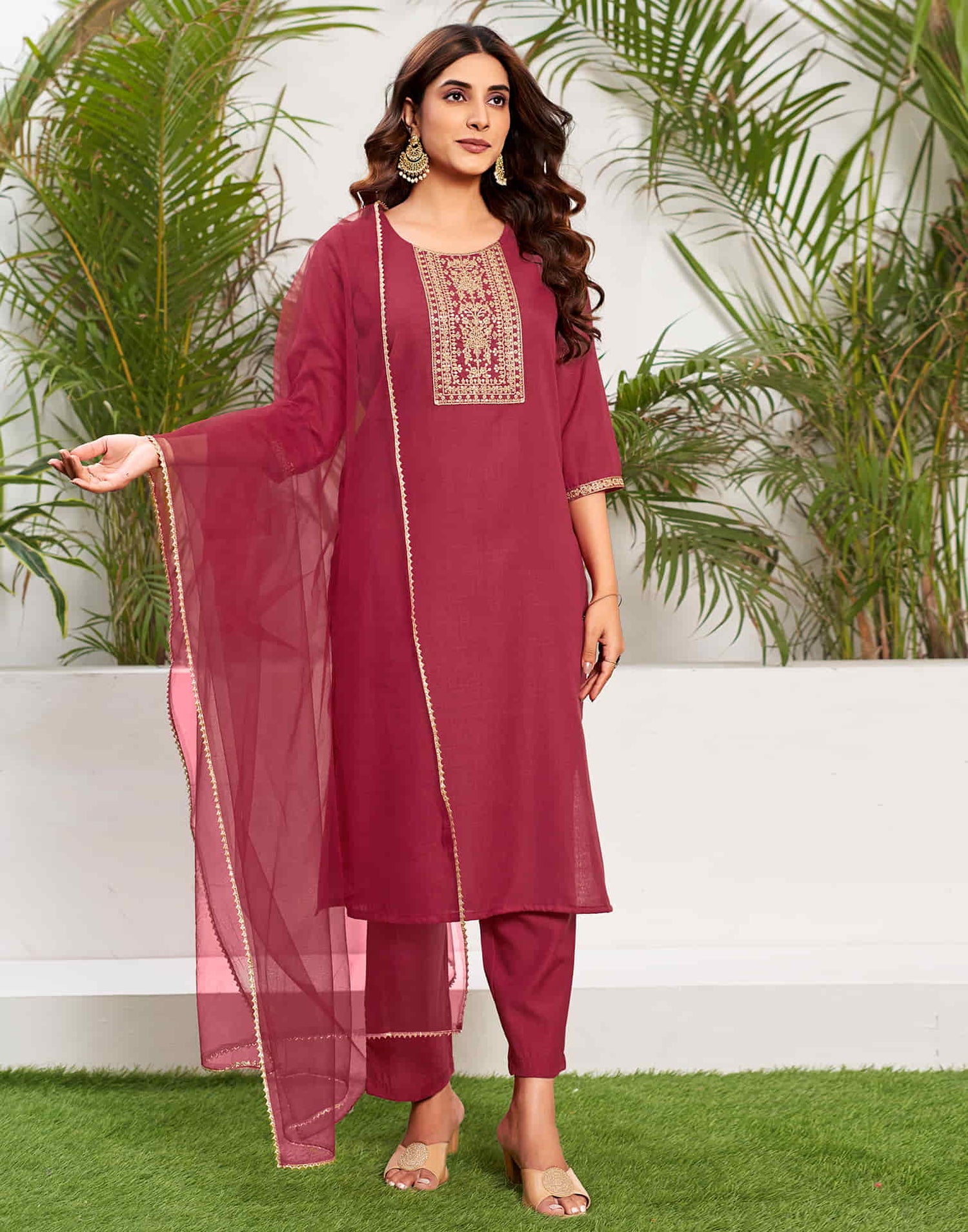 Cherry Red Sequence Cotton Straight Kurta With Pant And Dupatta