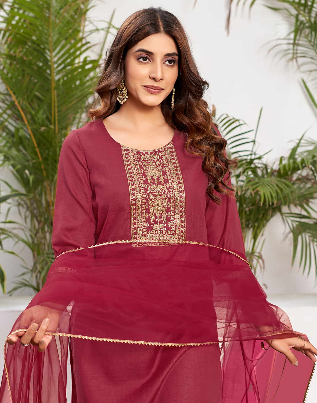 Cherry Red Sequence Cotton Straight Kurta With Pant And Dupatta