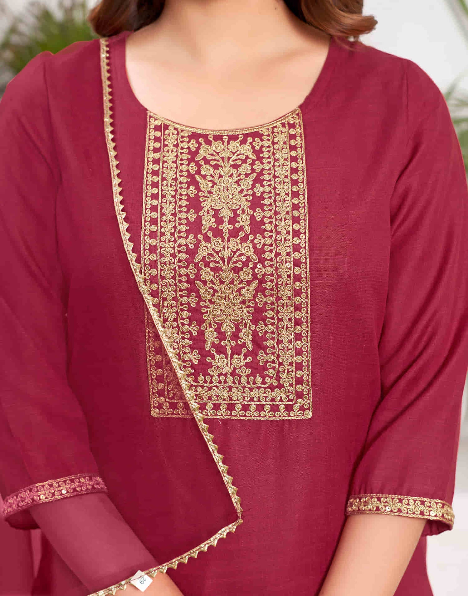 Cherry Red Sequence Cotton Straight Kurta With Pant And Dupatta