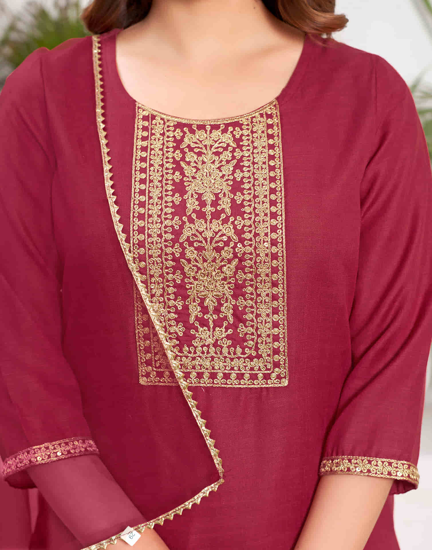 Cherry Red Sequence Cotton Straight Kurta With Pant And Dupatta