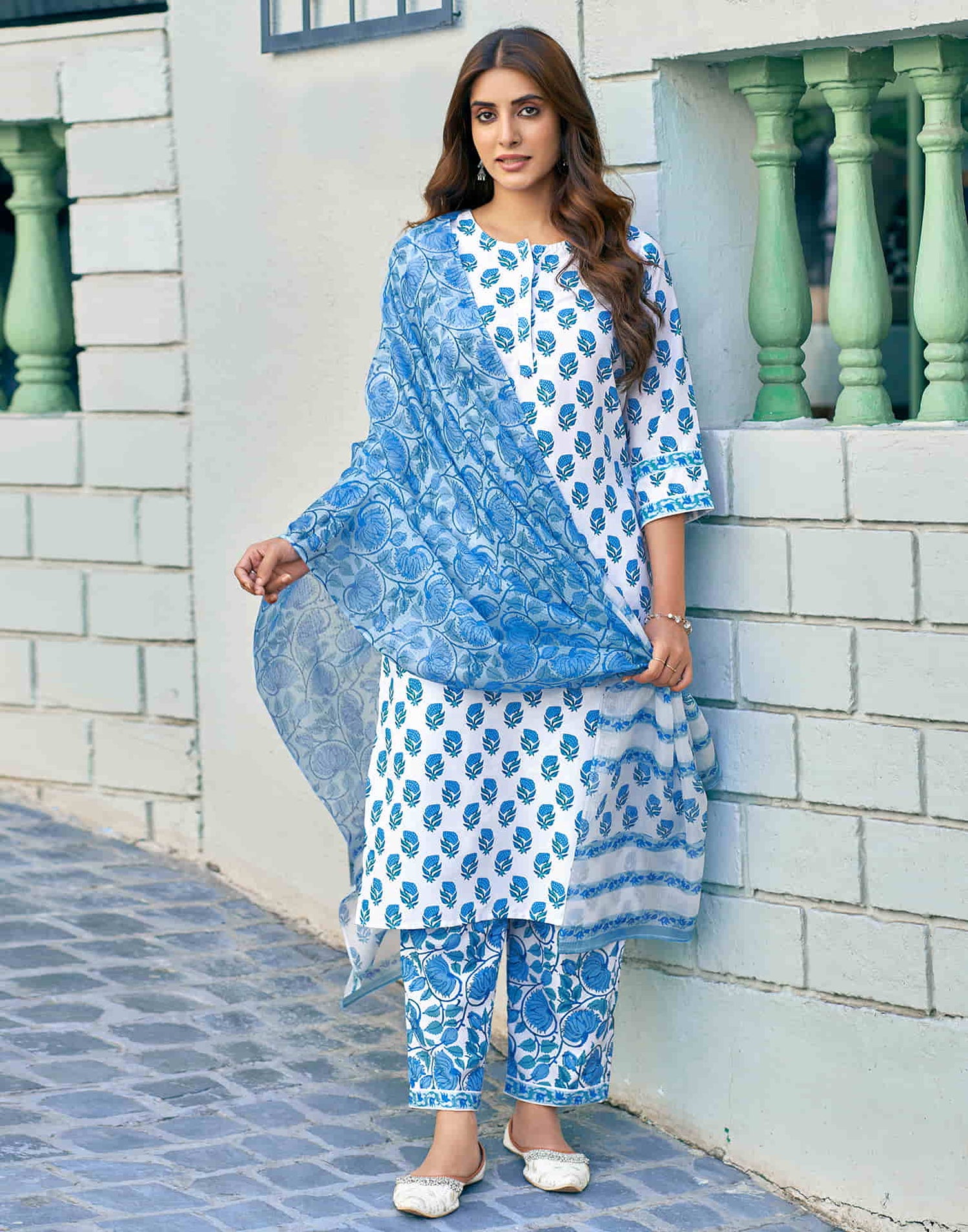 White Printed Rayon Straight Kurta With Pant And Dupatta