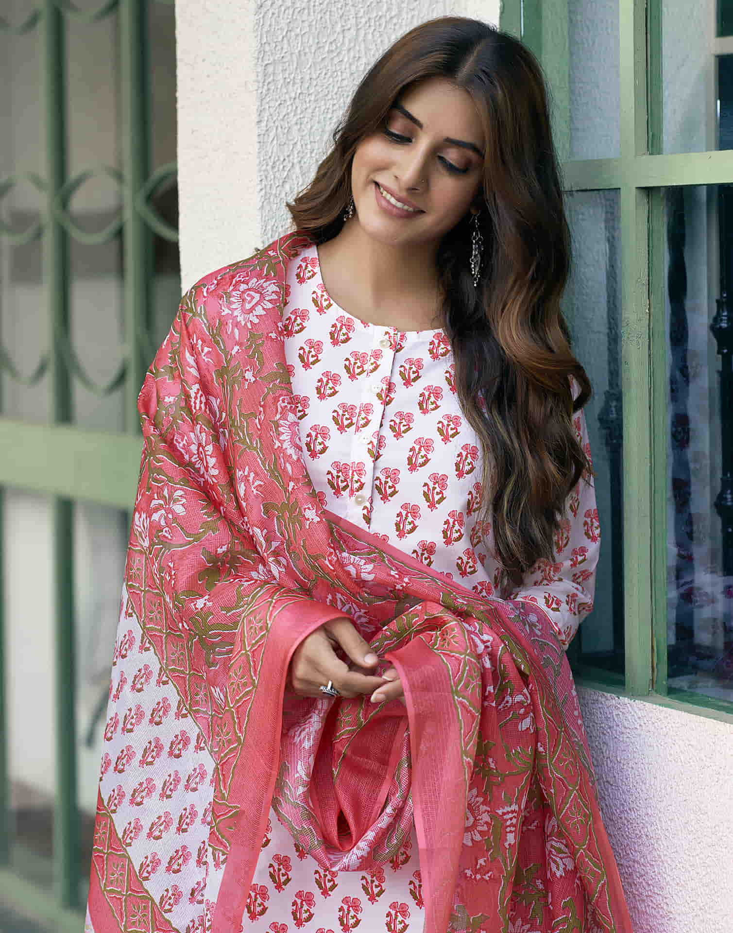 White Printed Rayon Straight Kurta With Pant And Dupatta