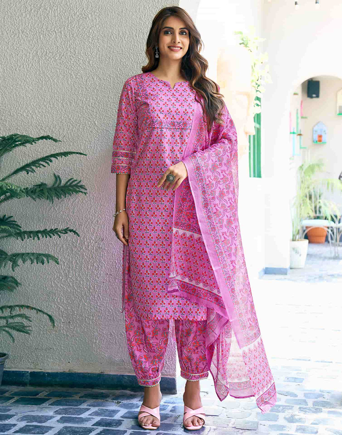 Lavender Printed Rayon Straight Kurta With Pant And Dupatta