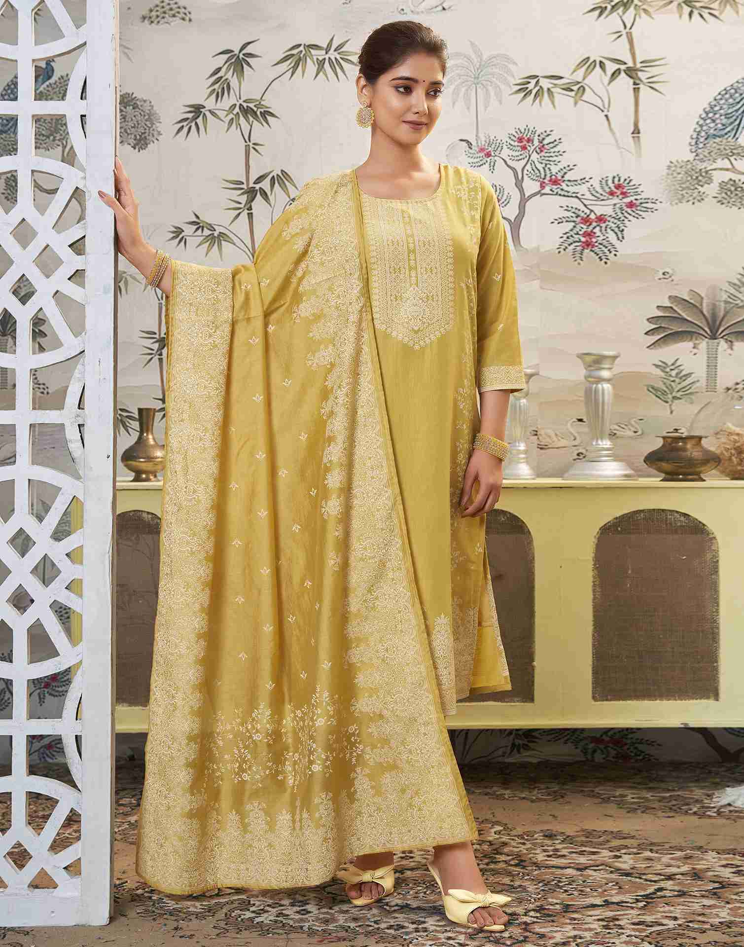 Yellow Printed Chinnon Straight Kurta Set With Dupatta