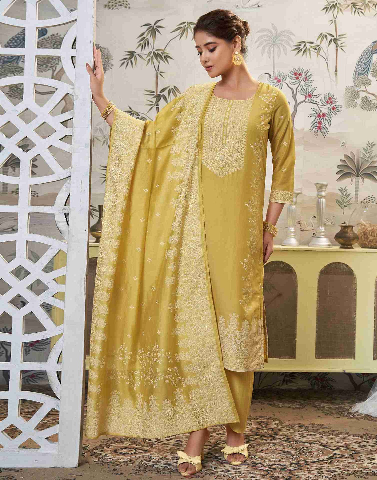 Yellow Printed Chinnon Straight Kurta Set With Dupatta