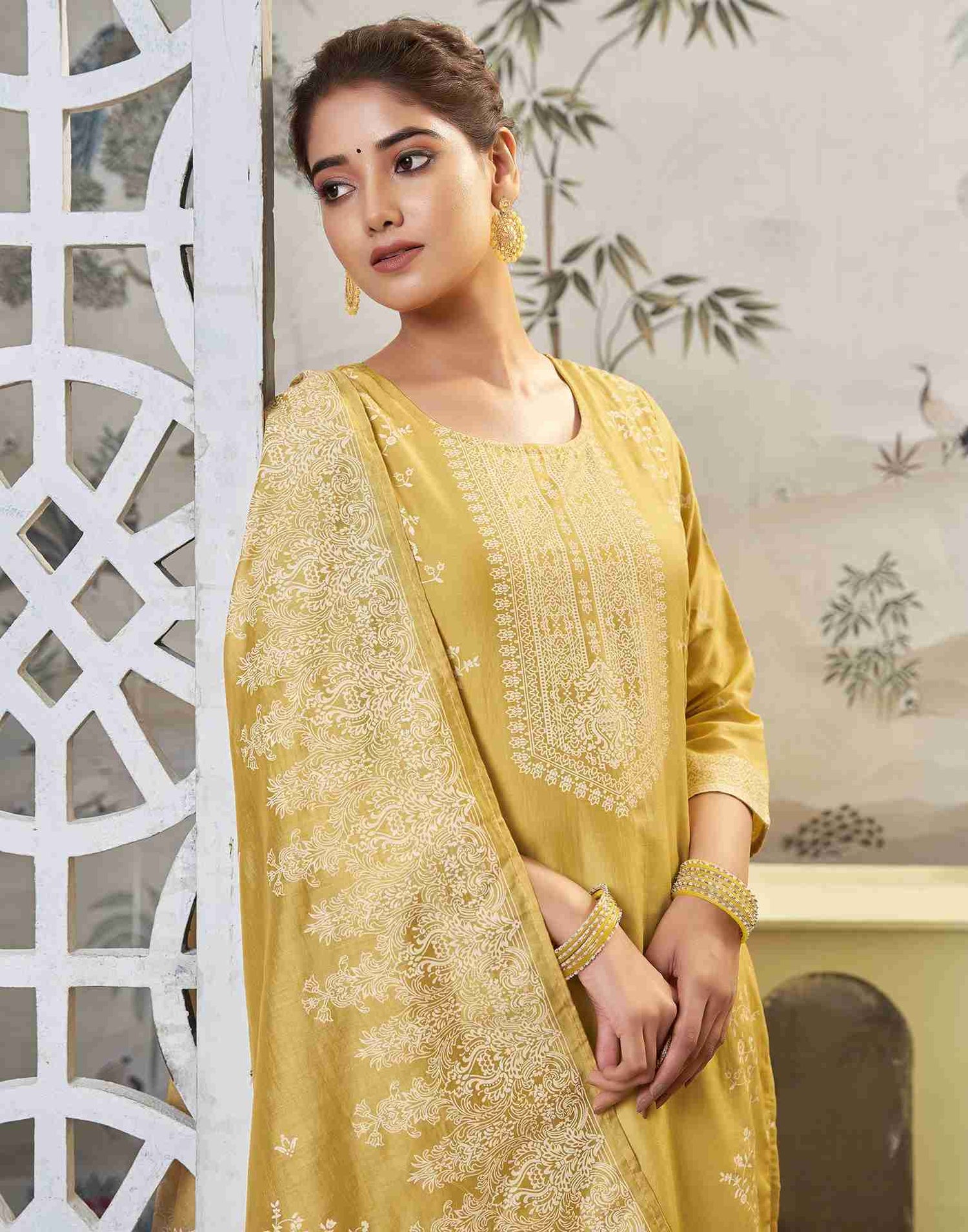 Yellow Printed Chinnon Straight Kurta Set With Dupatta