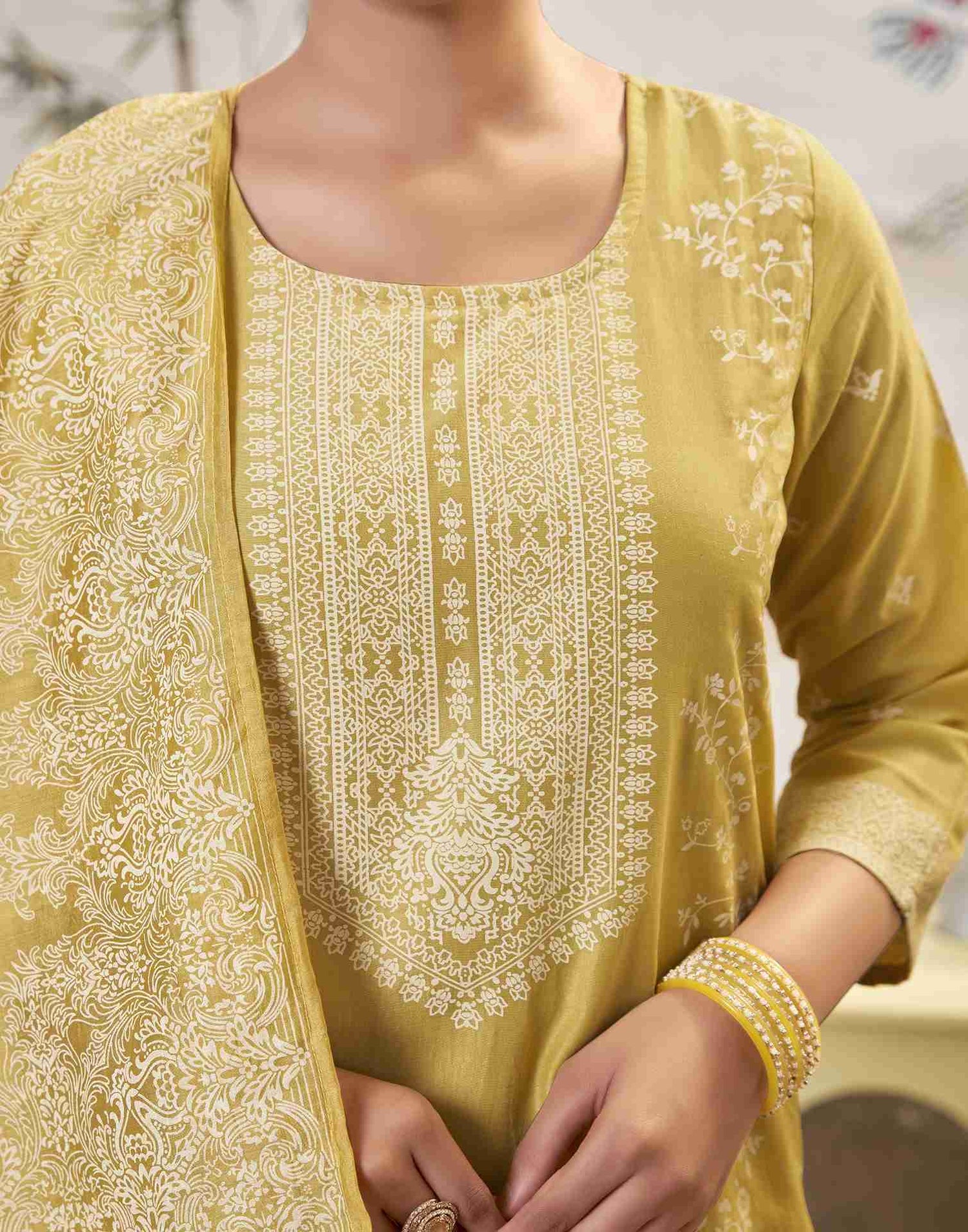 Yellow Printed Chinnon Straight Kurta Set With Dupatta