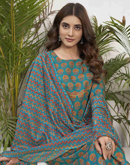 Rama Green Printed Rayon Straight Kurta With Pant And Dupatta