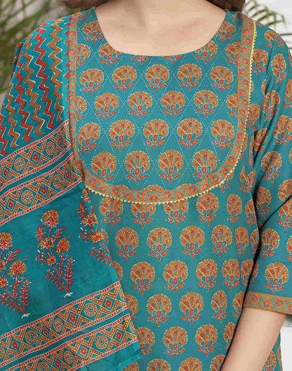 Rama Green Printed Rayon Straight Kurta With Pant And Dupatta