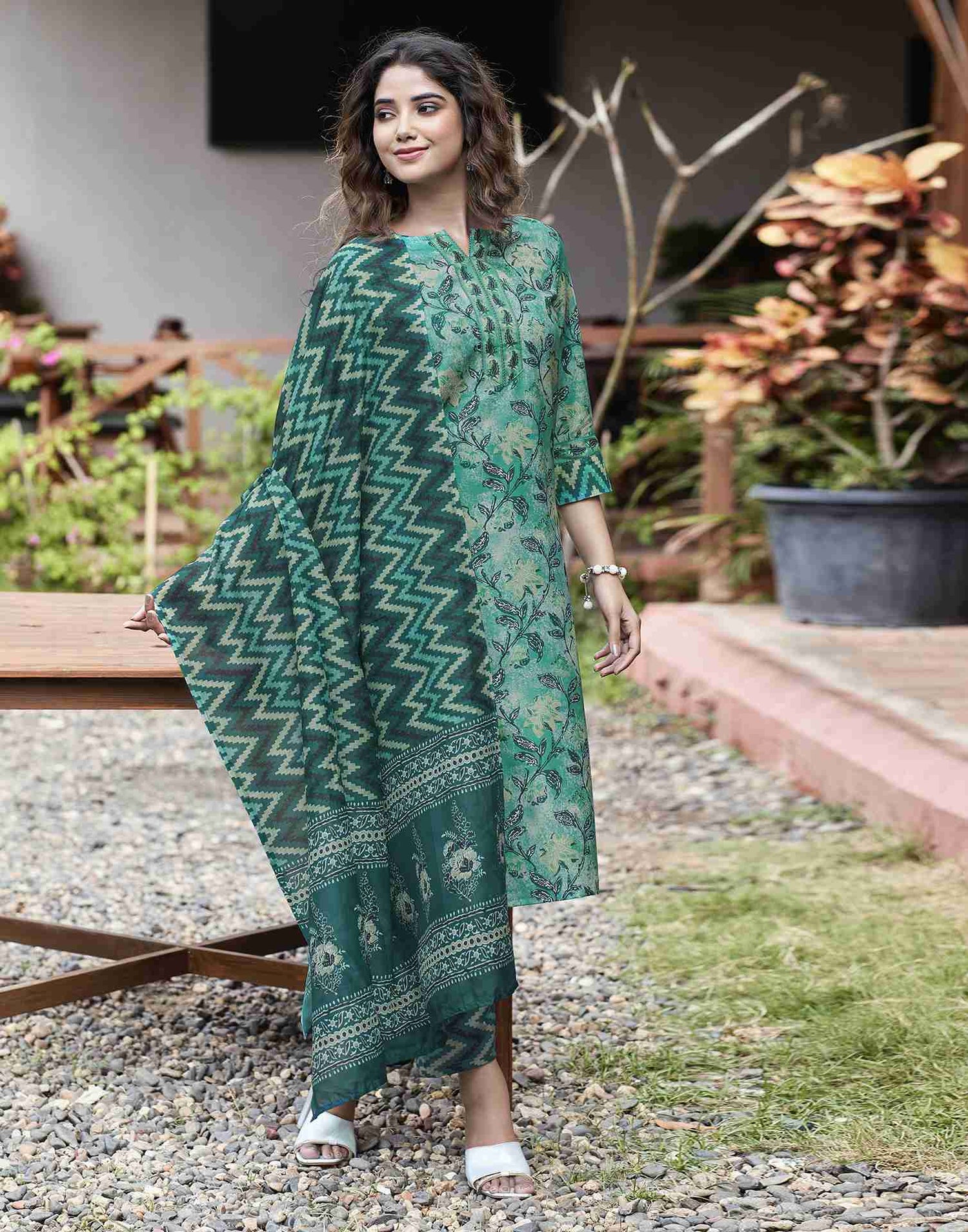 Teal Green Printed Rayon Straight Kurta Set With Dupatta