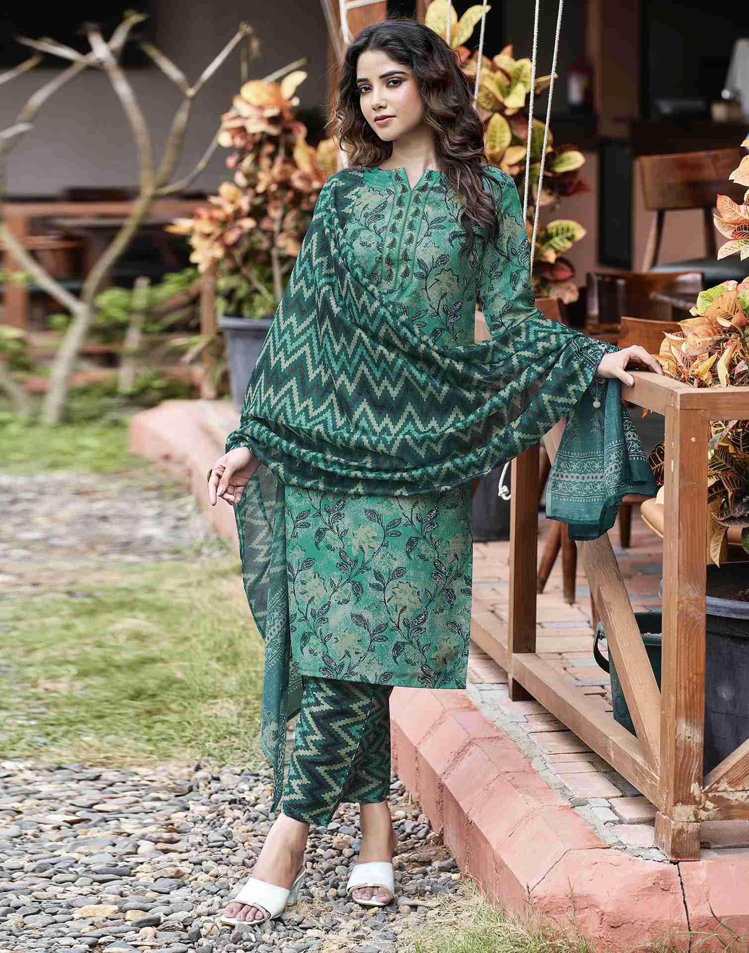 Teal Green Printed Rayon Straight Kurta Set With Dupatta