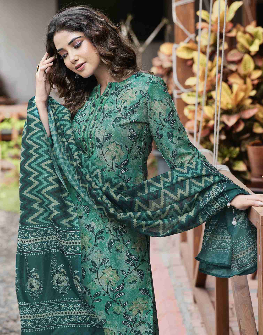 Teal Green Printed Rayon Straight Kurta Set With Dupatta