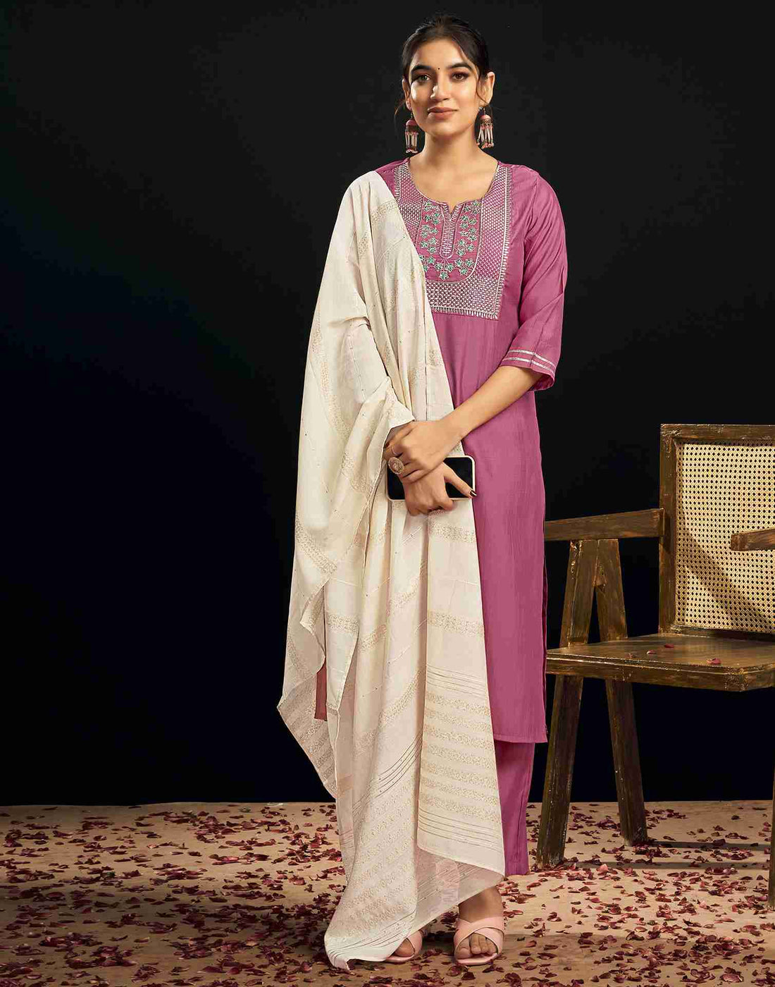 Rose Pink Silk Embroidery Straight Kurta Set With Dupatta