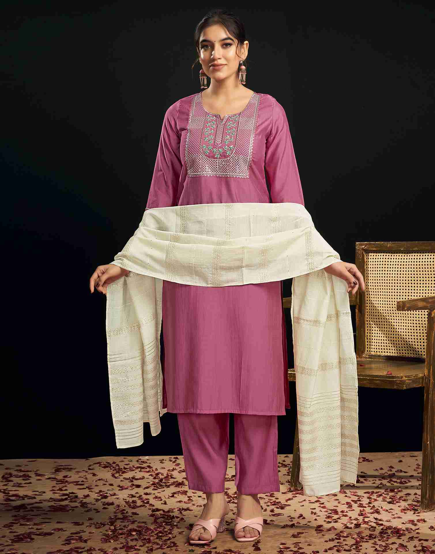 Rose Pink Silk Embroidery Straight Kurta Set With Dupatta