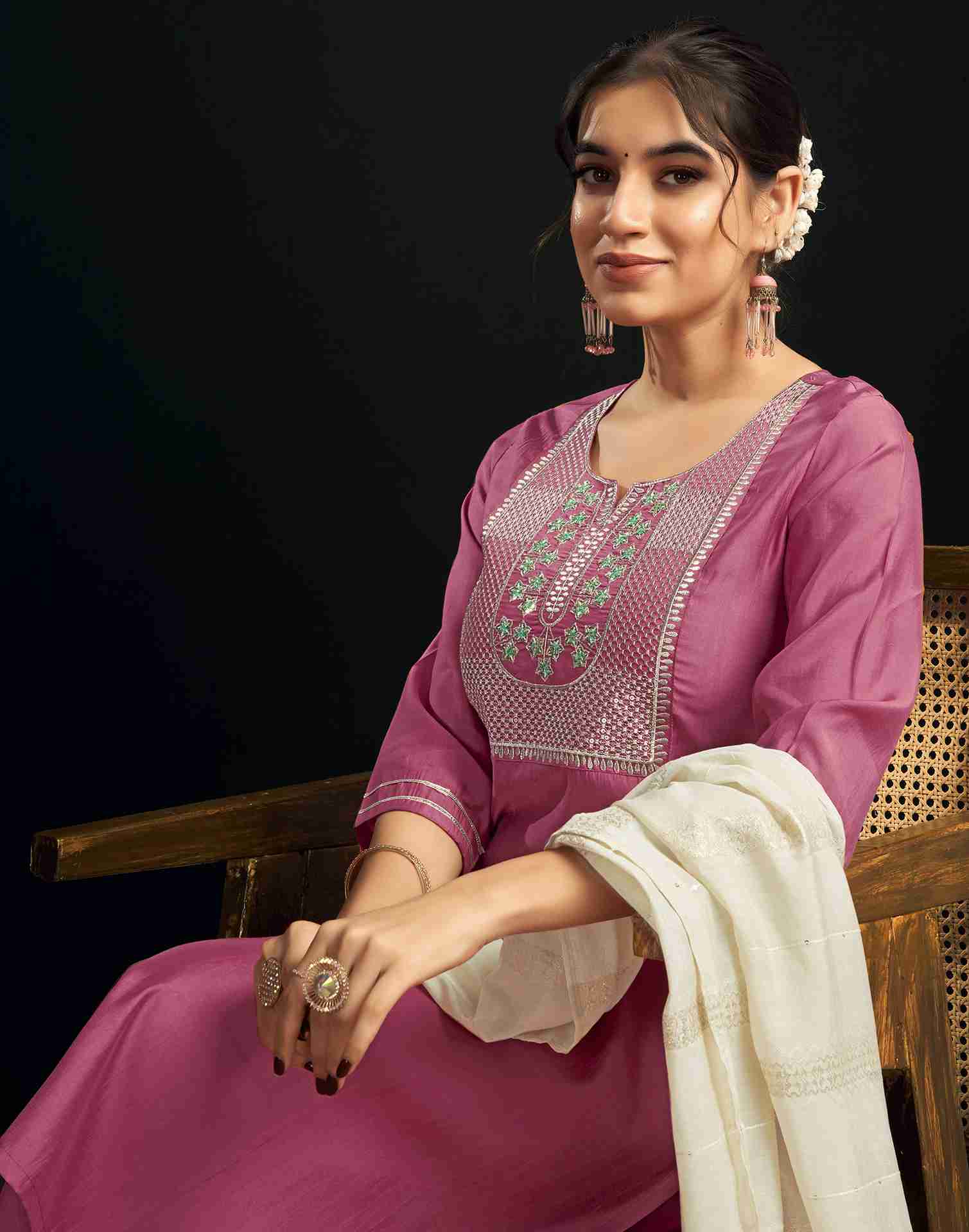 Rose Pink Silk Embroidery Straight Kurta Set With Dupatta