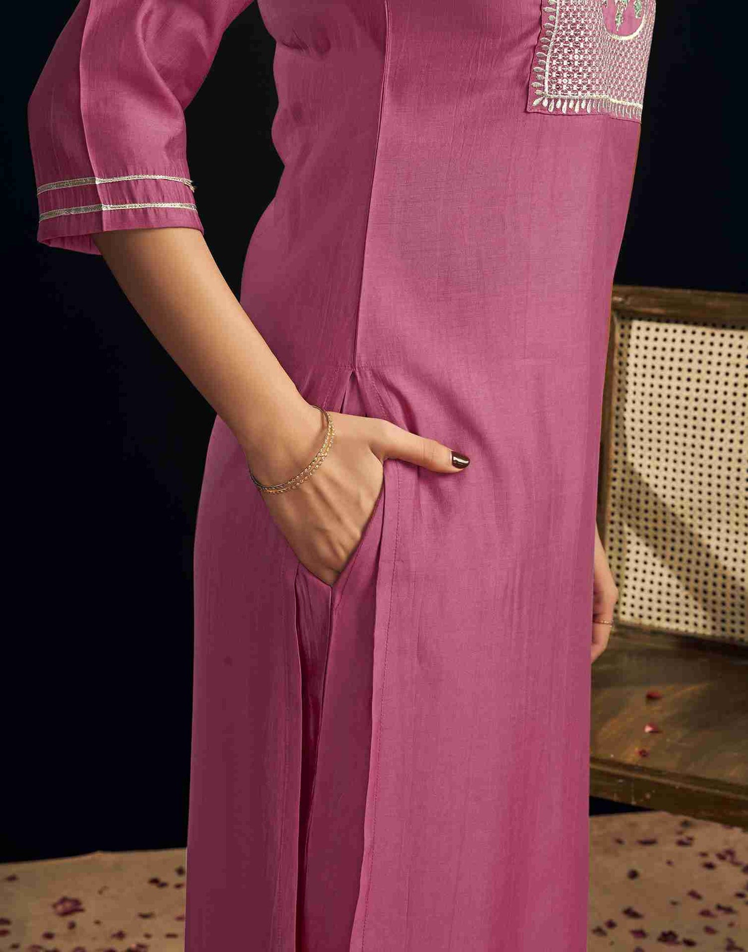 Rose Pink Silk Embroidery Straight Kurta Set With Dupatta