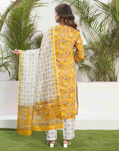 Yellow Printed Rayon Straight Kurta Set With Dupatta