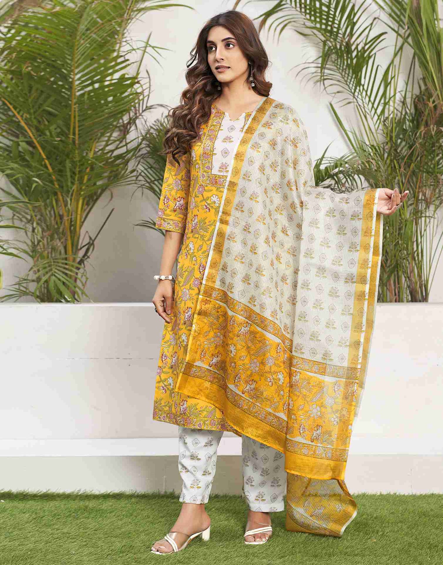 Yellow Printed Rayon Straight Kurta Set With Dupatta